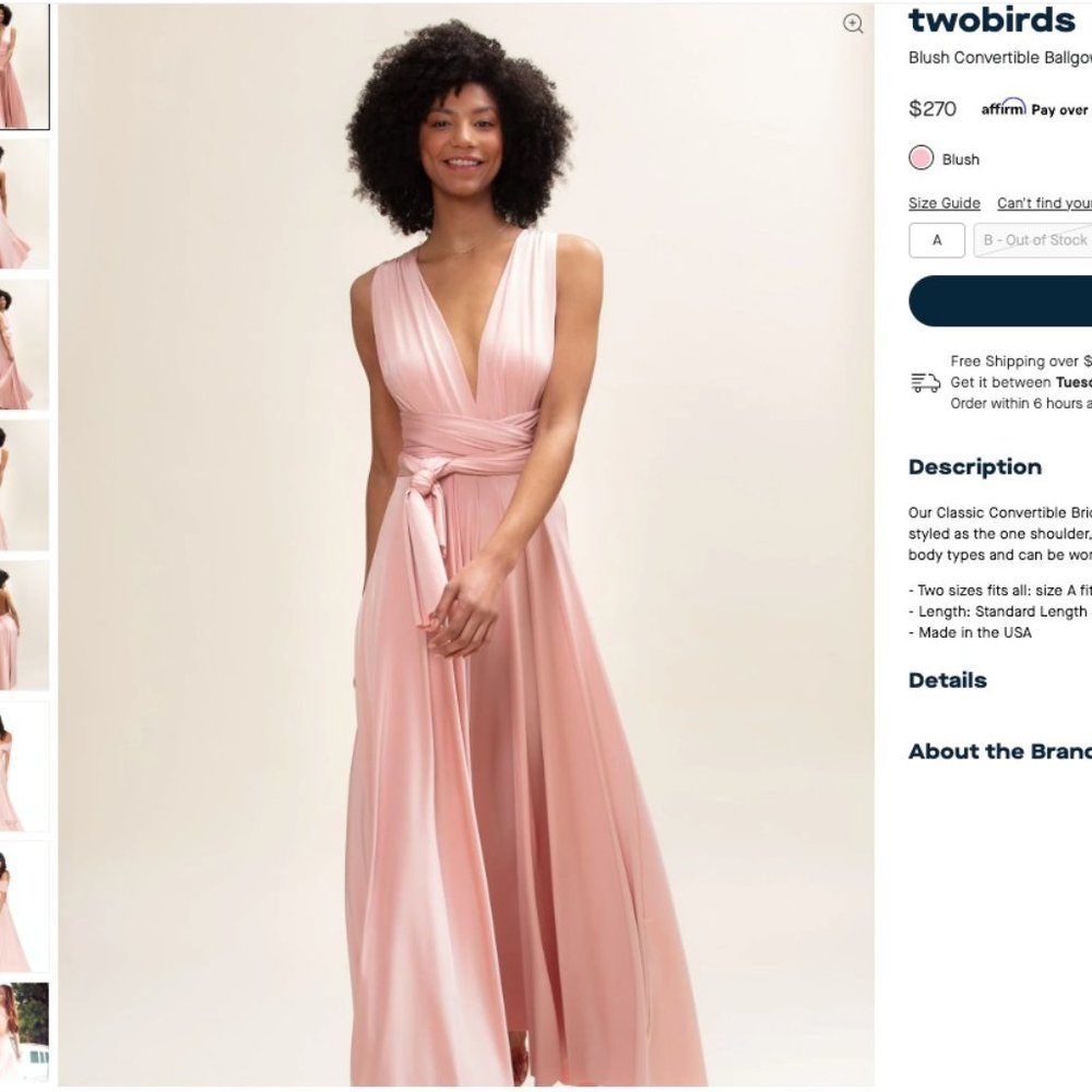 twobirds Blush Pink Convertible Multi Way Ballgown Bridesmaid Dress